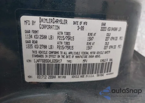 1999 Jeep Cherokee Classic/Sport из США, поврежденный, VIN 1J4FF68S6XL635017